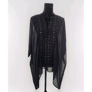 Free People Women's Black Sheer Chiffon Beaded Tassel Tie Oversized Blouse XS/S